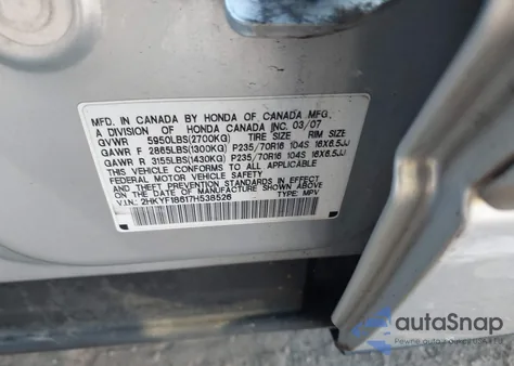 2007 Honda Pilot Exl z USA, uszkodzony, nr VIN 2HKYF18617H538526